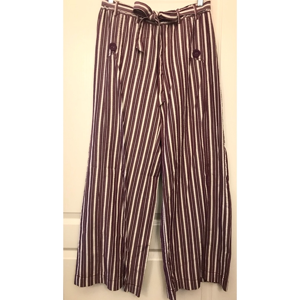 ANTHROPOLOGIE VINTAGE PLUM/IVORY STRIPED WIDE LEG PANTS SZ M NWOT BOW TIE WAIST